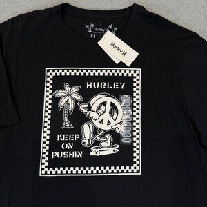 Hurley Men’s Keep On Pushin Graphic Everyday Tee Black XL Skate Retro Peace NWT
